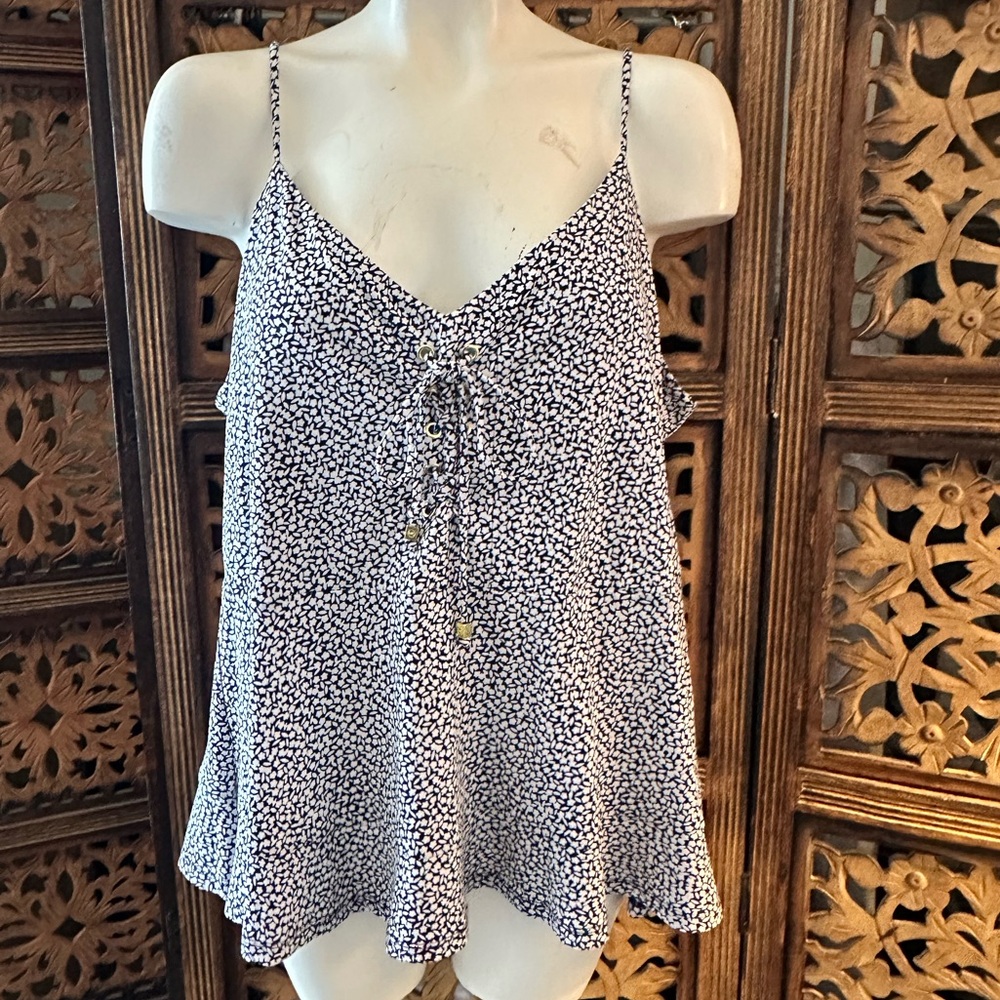MICHAEL Michael Kors Navy & White Floral Lace Up Spaghetti Strap Tank Top Blouse